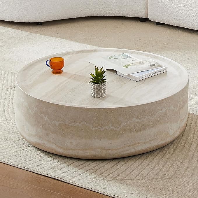 Faux Marble Coffee Table, Modern Round Coffee Table for Living Room, Circle Drum Coffee Side Tables, Fiberglass Center End Table for Small Place Apartment Office, 31.49" Marble