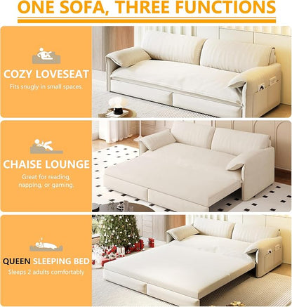 63.8" Sofa Bed Queen Size, Pull Out Couch Bed, 3-in-1 Convertible Sleeper Sofa with Side Pocket, Modern Velvet Futon Couch for Living Room, Small Space, Apartment, Bedroom, Beige