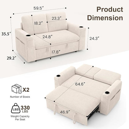 Sleeper Sofa with Pull Out Bed, Plush Corduroy Convertible Sofa Bed with Adjustable Backrest and Cup Holders, Loveseat Sleeper Couches for Living Room, Apartment, Beige