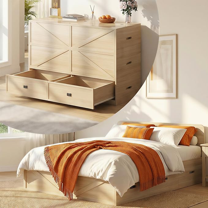 CECER 3-in-1 Full Murphy Bed with Mattress for Small Space -Natural Wood | Multi-Functional Desgin that Converts to Sofa Set，Bed and Cabinet，Easy Assemble ＆ Conversion