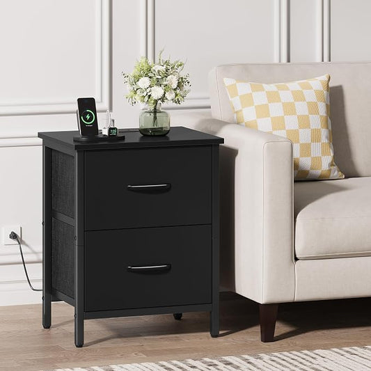 Vagusicc Nightstand Set of 2 with Charging Station, End Table Bedside Table with Power Outlet & USB Ports, Side Table with 2 Fabric Drawers for Bedroom, Living Room, Black