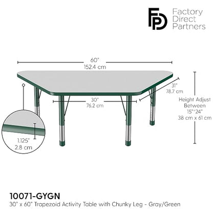 FDP Trapezoid Activity School and Classroom Kids Table (30 x 60 inch), Chunky Toddler Legs for Collaborative Seating Environments, Adjustable Height 15-24 inches - Gray Top and Green Edge