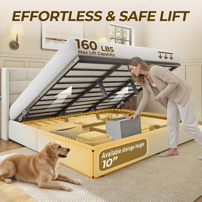 HISOFT King Size Lift Up Storage Bed Frame, Linen Upholstered Platform Bed with Wingback Headboard, Heavy Duty Hydraulic Gas Lift Underbed Space, Reinforced Full Metal Slats, Noise Free, Light Beige