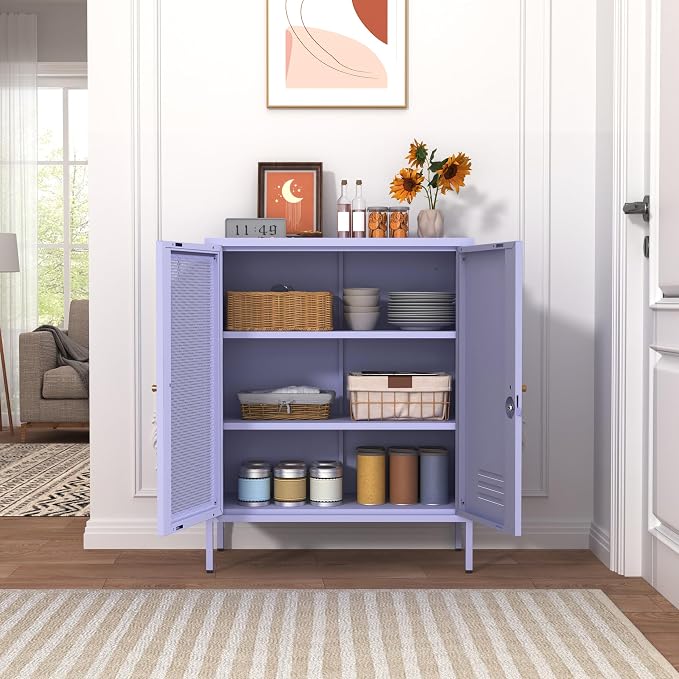 33" Tall Purple Metal Locker Storage Cabinet with Lock Left Glass Door and Right Metal Door 2 Adjustable Shelves Steel Storage Organizer for Foyer Living Room Size：33" H X 29.5" W X 13.8" D