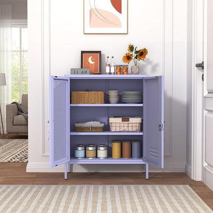 33" Tall Purple Metal Locker Storage Cabinet with Lock Left Glass Door and Right Metal Door 2 Adjustable Shelves Steel Storage Organizer for Foyer Living Room Size：33" H X 29.5" W X 13.8" D