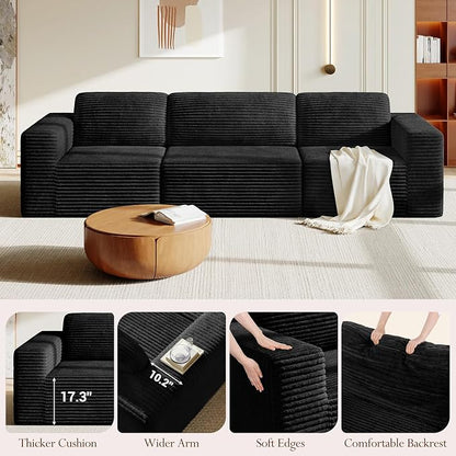 Vesgantti 119" Modular Sectional Sofa, Corduroy Cloud Couch with Deep Seating & Spring Support, 3 Seater Flexible Layout Sofa, Boneless Couch for Living Room & Apartment, No Assembly Required, Black