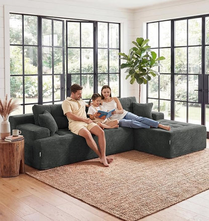 Hobestluk Modular Sectional Sofa Couches L-Shape Couch 3 Seat Modular Sofa Memory Foam Sectional Couches for Living Room, Cloud Couch with Oversized Chaise (Charcoal Corduroy, 96", Right Hand Facing)