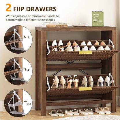 YOMILUVE Shoe Cabinet Storage for Entryway, Fluted Shoe Cabinet with 2 Flip Drawers, Hidden Shoe Rack Tall Freestanding Shoe Organizer with Legs for Hallway, Walnut