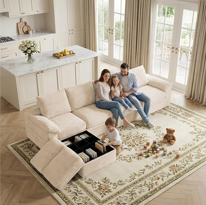 142" Modular U-Shaped Sectional Sofa with Storage, 4-Seat Corduroy Boneless Couch, 27" Deep Seat Cloud Couch & 2 Movable Ottoman, Tool-Free Assembly, Couch for Living Room, Beige