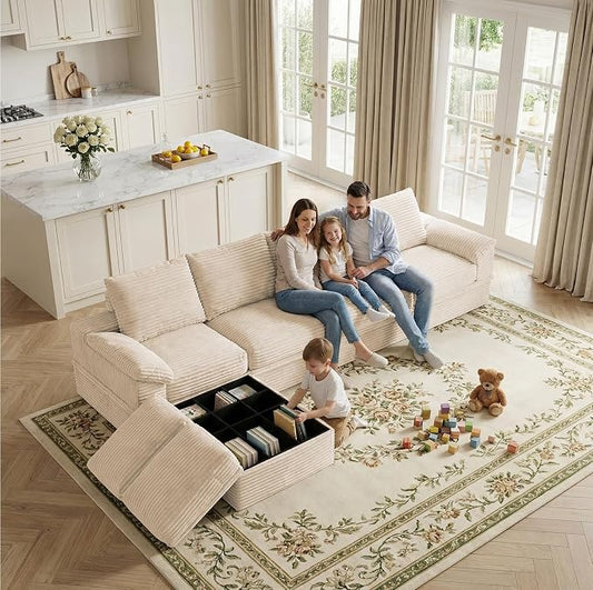 142" Modular U-Shaped Sectional Sofa with Storage, 4-Seat Corduroy Boneless Couch, 27" Deep Seat Cloud Couch & 2 Movable Ottoman, Tool-Free Assembly, Couch for Living Room, Beige