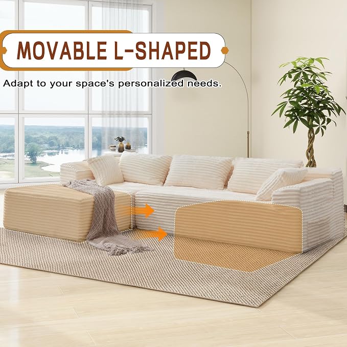 Korser 108" L-Shaped Modular Sectional Sofa with Chaise, Boneless Comfy Corduroy Fluffy Couch with Deep Seat and Side Pockets, Flexible Module Combination for Living Room, No Assembly, Side Pockets