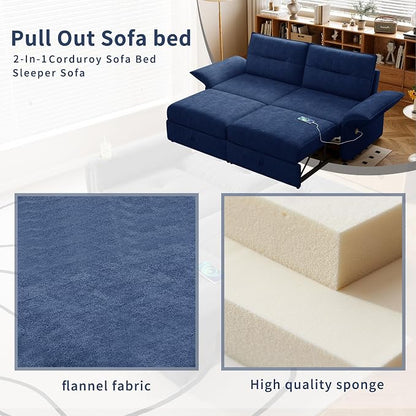 85" Pull Out Sofa Bed Full Size, Pre-Assembled Flannel Sleeper Sofa, Convertible Loveseat Futon Couch, Adjustable Armrest with USB, Pillows, for Apartment, Living Room, Small Spaces, Blue