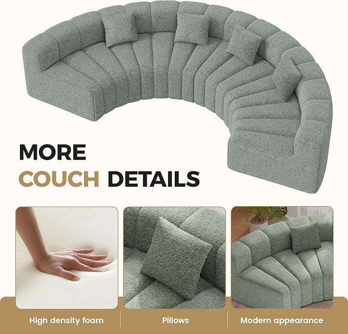 Nebuaegis 2PCS 1/8 Round Curved Sofa, 2 Seater Modular Velvet Couch, Modern Boneless Sectional Couches for Living Room, No Assembly Required,Light Green