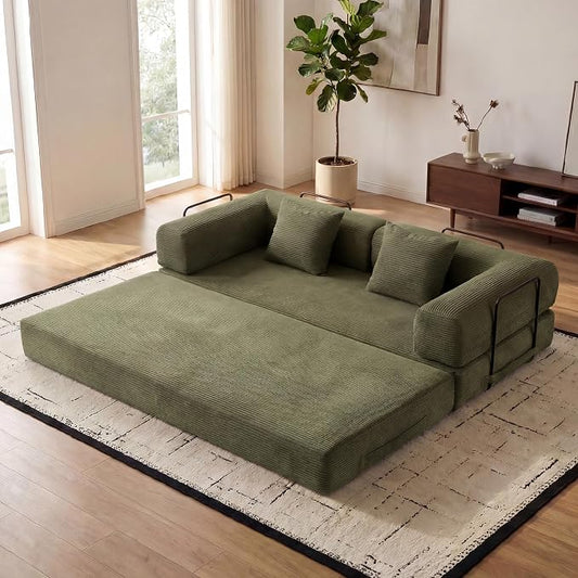 ZEIINPA Convertible Folding Couch Bed, Comfy Corduroy Sleeper Floor Sofa Bed with Fixed-Shape Frame, Floor Sofa with Armrest, Lounge Couch for Living Room Bedroom Lounge Studio, Green