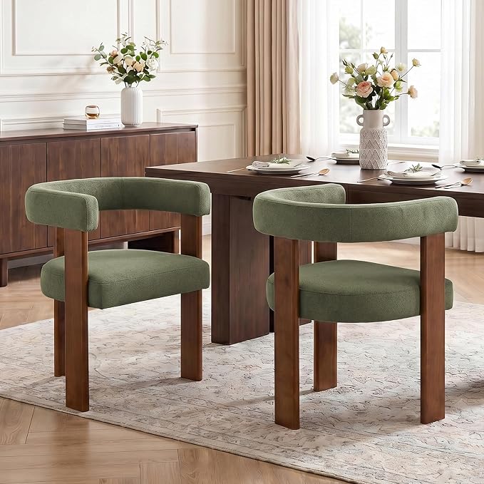 Usaint Wooden Barrel Dining Chairs Set of 2, Mid-Century Modern Upholstered Dining Room Chairs with Walnut Wood Legs and Loop Back, Comfy Accent Arm Chair for Dining Room, Kitchen, Living Room, Green