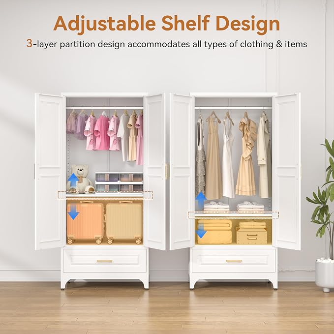Polup Metal Wardrobe Closet with Doors and Shelves, 71" Tall Steel Armoire with Hanging Rod & Storage Drawer, Sturdy Freestanding Clothes Organizer for Bedroom, Office, Laundry Room, White
