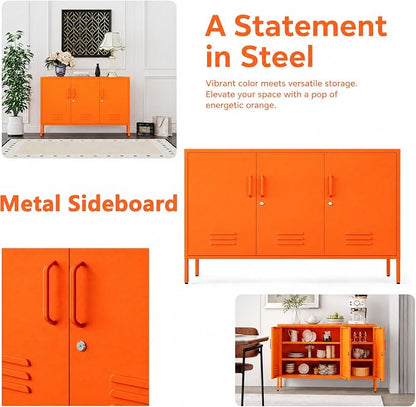 Metal Storage Cabinet with Lock and Adjustable Shelves, Freestanding Pantry Cabinet, Durable Metal 3-Door Storage Sideboard for Home Office Kitchen Orange 32" H X 47.3" W X 13.8" D