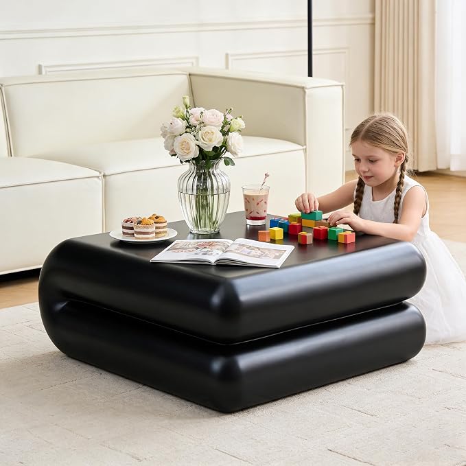 31.5" Modern Black Coffee Table, Stone Coffee Table, Square Minimalist Center Table, Contemporary Low Sofa Side Accent End Tea Table for Living Room Bedroom Apartment, No Assembly Required
