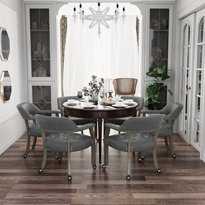 LEEMTORIG Set of 2 Dining Chairs with Casters and Arms, Rolling Dining Chairs with Wheels for Elderly, Ergonomic Wide Seat Wooden Office Desk Chair, 26"Dx25.2"W, Grey Legs&Dark Grey Fabric SY-1318-GY
