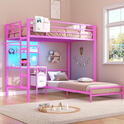DICTAC Bunk Bed Twin Over Twin with Desk and Storage Metal L-Shaped Bunk Beds with Led Lights & Charging Station,Pink bunk Beds for Kids with Safety Guardrail and Ladder,Girls Bed,No Box Spring Needed