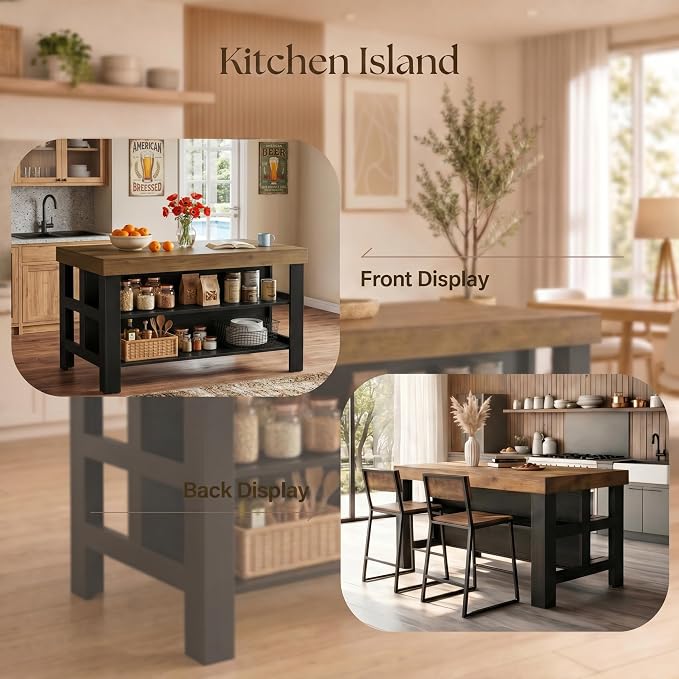 Tribesigns 55.1-Inch Kitchen Island with Seating and Storage, 3-Tier Large Farmhouse Island Table with Large Countertop and Leg Room for Kitchen Dining Room (Brown and Black)