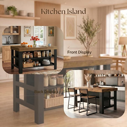 Tribesigns 55.1-Inch Kitchen Island with Seating and Storage, 3-Tier Large Farmhouse Island Table with Large Countertop and Leg Room for Kitchen Dining Room (Brown and Black)