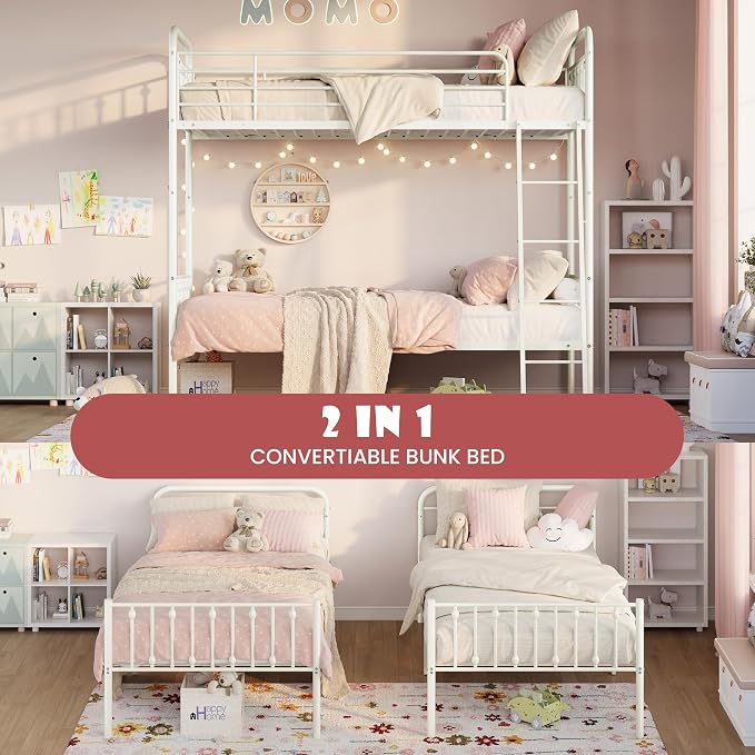 SHA CERLIN Convertible Twin Over Twin Bunk Bed, CPC Certified,White | Victorian Iron-Art Headboard and Footboard,Space-Saving Metal Bunk Bed with Guardrail & Ladder,No Box Spring Needed