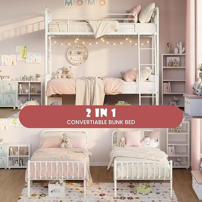 SHA CERLIN Convertible Twin Over Twin Bunk Bed, CPC Certified,White | Victorian Iron-Art Headboard and Footboard,Space-Saving Metal Bunk Bed with Guardrail & Ladder,No Box Spring Needed
