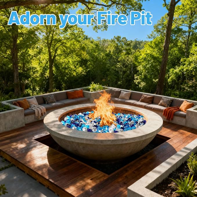 Blended Fire Glass Diamonds for Propane Fire Pit, Fireplace, and Outdoor Decoration,1 Inch Fire Pit Glass Rocks 20-Pound (Crystal Clear+Cobalt Blue+Caribbean Blue)
