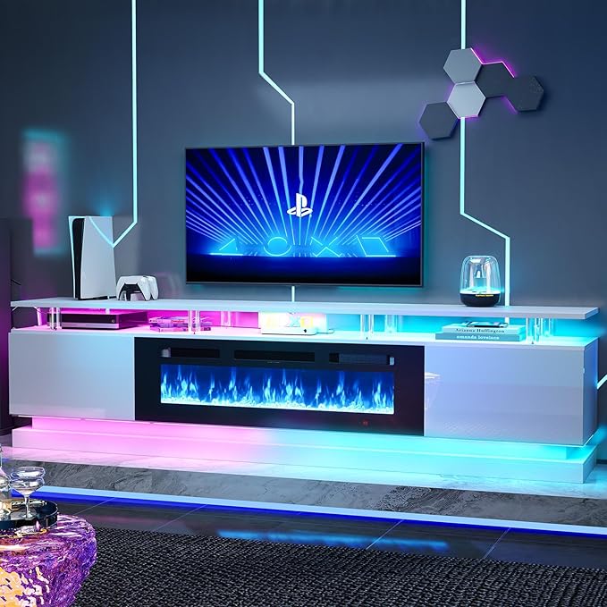 80" Fireplace TV Stand, Modern Entertainment Center for TVs Up to 90", TV Console with Storage Cabinets, Media Console for Living Room, WI-FI Enabled White TV Stand and Black Fireplace