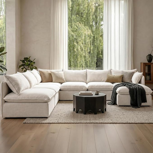 Cloud Modular Hosting Sectional, Oversized Deep Seat Comfort, Linen Blend | Fully Removable Washable Covers, Memory Foam Seat Cushions, Storage Ottoman, Premium Fabric