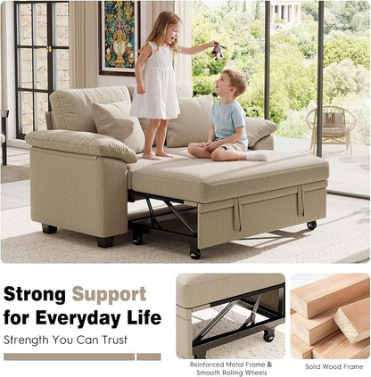 Ihanherry 61" Loveseat Sleeper Sofa, 2-in-1 Pull Out Couch Bed with 2 Pillows, Chenille Convertible Sofa Bed, Small Space Sleeper Couch for Living Room Apartment (Sand)
