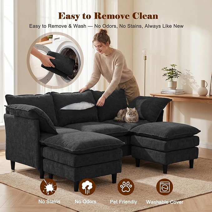 3 Seater U-Shape Couch Sofa with Ottomans, 69" Small Couch Modern Comfy Cloud Sofa with 23" Deep Washable Pillow ChenilleCover Couches for Living Room Bedroom Apartment Office 69-Black-U