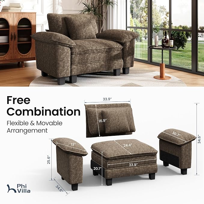 PHI VILLA Oversized Single Sofa with Deep Seat, Armchair for Small Spaces Bedroom Reading Modern, 1 Seater Comfy Reading Accent Chair, Chenille Grayish Brown