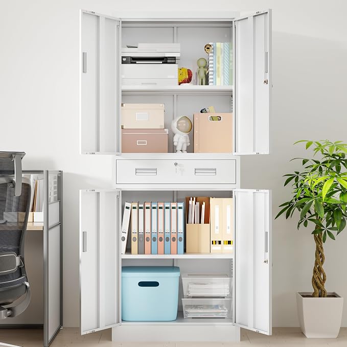Wanfu Metal Storage Cabinet, 71" H x 28" W x 16" D Locking Storage Cabinet with 2 Adjustable Shelves and 1 Drawer for Office, Garage, Home, School, Utility(White)