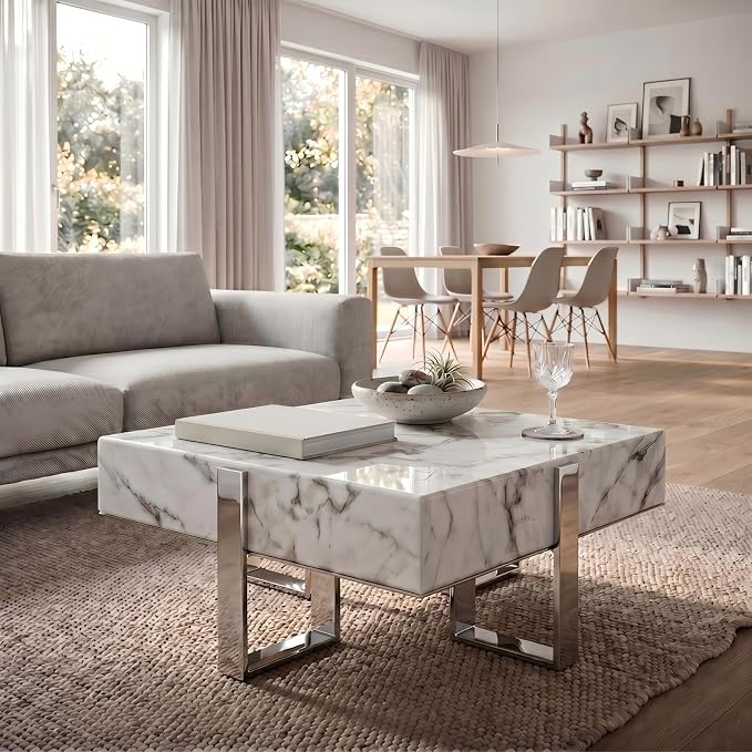 White and Silver Coffee Table, Modern Square Center Table with Faux Marble Tabletop and Mirrored Chrome Legs for Living Room Apartment Office
