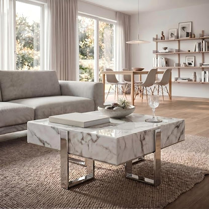 White and Silver Coffee Table, Modern Square Center Table with Faux Marble Tabletop and Mirrored Chrome Legs for Living Room Apartment Office