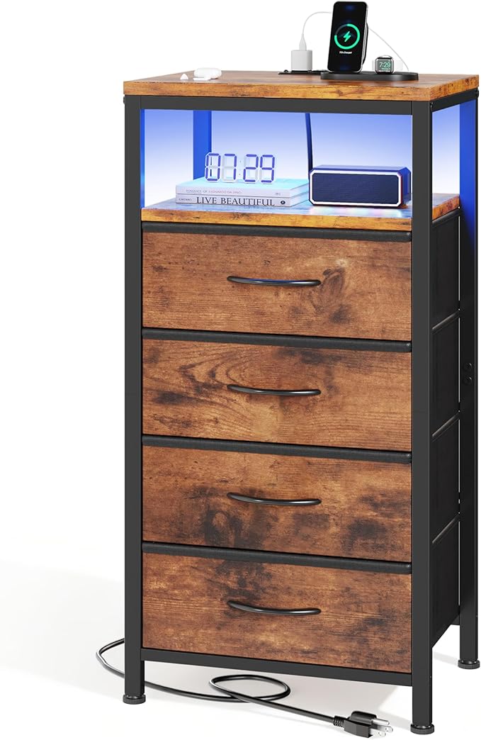 Sweetcrispy Nightstand with Charging Station, Bedside End Table with 4 Fabric Drawers, USB & Type-C Ports with AC Outlets, Adjustable Feet & Dimmable LED Light Strip, Modern Bedroom Furniture, Brown