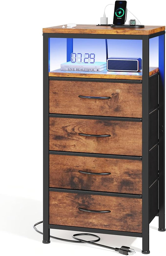Sweetcrispy Nightstand with Charging Station, Bedside End Table with 4 Fabric Drawers, USB & Type-C Ports with AC Outlets, Adjustable Feet & Dimmable LED Light Strip, Modern Bedroom Furniture, Brown