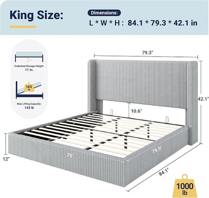 Allewie King Lift-Up Storage Bed Frame with Modern Wingback Headboard, Corduroy Upholstered Platform Bed, Hydraulic Gas Lift Support, Underbed Storage, Wooden Slats, No Box Spring Needed, Grey