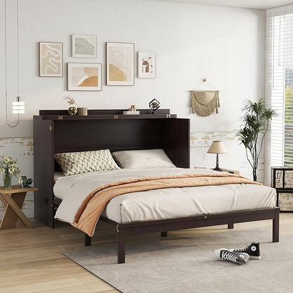 Bellemave Queen Murphy Bed with Storage Drawer and Station, Cabinet Bed, Murphy Cabinet with Foldable Panel, Noisy Free, for Guest Bedroom, Espresso Rattan