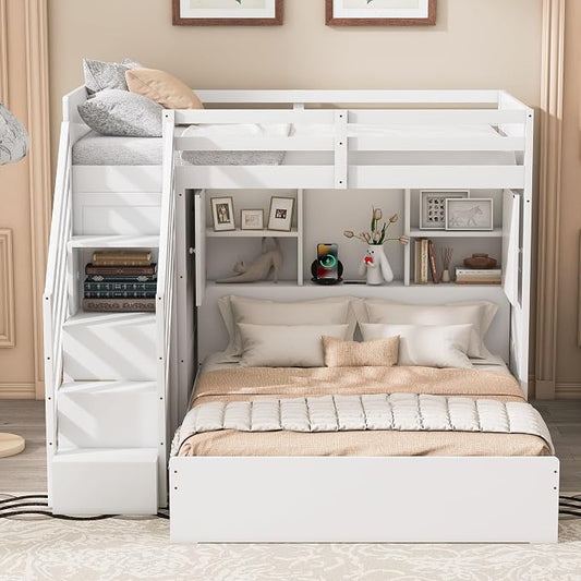 RUNNA Twin Over Full Bunk Bed with Storage Stairs,USB,Light,White | Twin over full bunk bed with storage stairs, USB charging station, light, solid wood, guardrails, no box spring needed, white