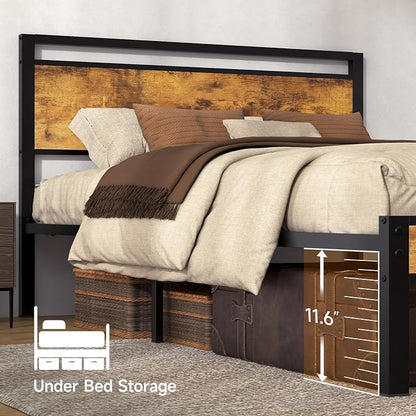 King Metal Bed Frame with Wooden Headboard and Footboard, Heavy Duty Platform Frame with Metal Slats, No Box Spring Needed, Quiet and Non-Slip Design, Space Saving Bed Frame for Bedroom, Vintage Brown
