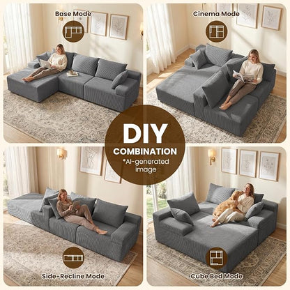 kinmars 108" Boneless Sectional Couch,Corduroy Cloud Couch Sectional for Living Room,Modern L Shaped Modular Sectional Couch,3 Seater Sofa (Dark Gray, 108.9" L Shaped with Left Facing Chaise)