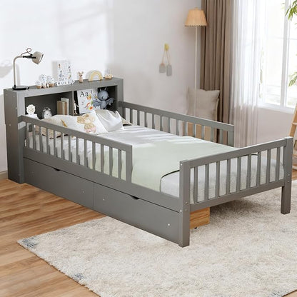 Bellemave Kids Twin Bed Frame with Fences, 2 Drawers & Storage Headboard, Twin Size Platform Bed with 3-Side Guardrails for Kids, Girls & Boys, Gray