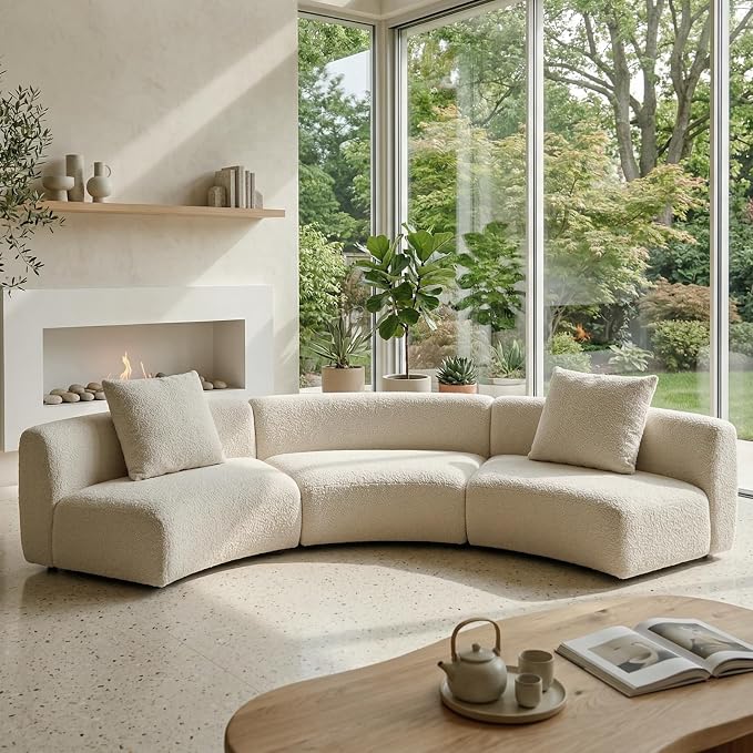 Acanva Formia Boucle Curved Sectional Sofa, 3 Armless Chairs, White | Modular Couch, Modern Minimalist, Wood Frame, For Living Room, Apartment, Home Office