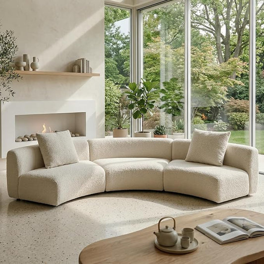 Acanva Formia Boucle Curved Sectional Sofa, 3 Armless Chairs, White | Modular Couch, Modern Minimalist, Wood Frame, For Living Room, Apartment, Home Office