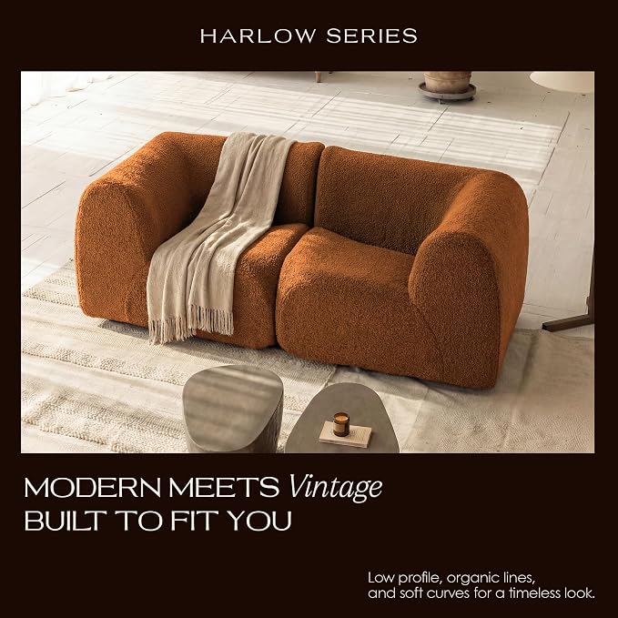 38" Curved Single Sofa Corner Chair, Boneless Sherpa Couch with Deep Seat, Comfy Teddy Sofas for Living Room, Bedroom, Apartment, Modern Sectional Modular Couches – No Assembly, Brown