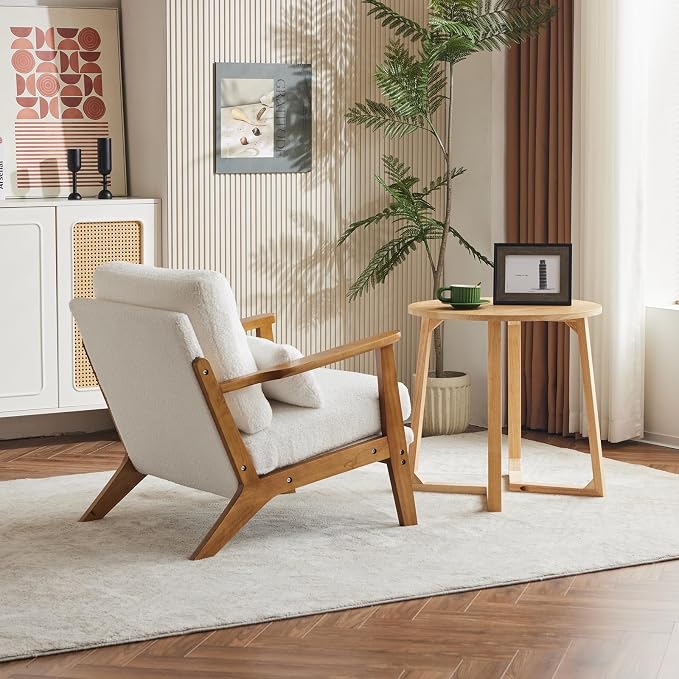 Karl home Mid-Century Lounge Accent Chair, White | Wide Curved Armrest, Teddy Fleece, Lumbar Pillow Included, Solid Wood Frame, For Living Room, Bedroom, Balcony, Apartment