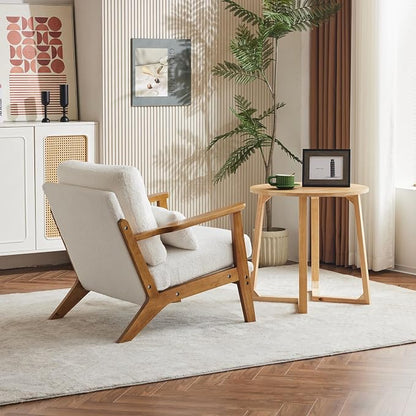 Karl home Mid-Century Lounge Accent Chair, White | Wide Curved Armrest, Teddy Fleece, Lumbar Pillow Included, Solid Wood Frame, For Living Room, Bedroom, Balcony, Apartment
